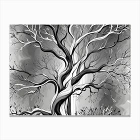 Abstract Black And White Illustration Of A Tree With Twisted Branches And A Cloudy Background Canvas Print