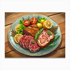 Delicious Grilled Steak With Lemon And Tomatoes On A Plate Canvas Print