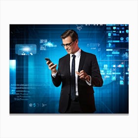 Businessman Immersed In A Modern Lifestyle Communicating Via Smartphone Fingers Dancing Across A T Canvas Print