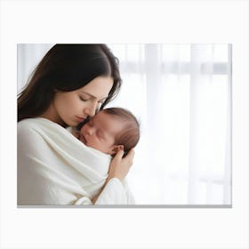 Young Mother Holding Her Newborn Baby In Her Arms, Standing By The Window Canvas Print