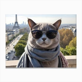 Cool Cat Wearing Sunglasses And Scarf With The Eiffel Tower In The Background Canvas Print