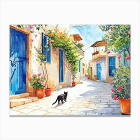 Paphos, Cyprus   Cat In Street Art Watercolour Painting 3 Canvas Print