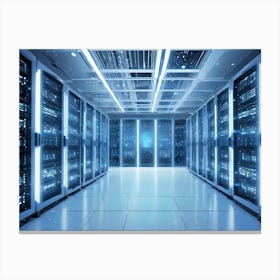 Server Room With Rows Of Server Racks, Illuminated With Blue Lights Canvas Print