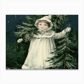 Little Girl Holding Christmas Tree Canvas Print