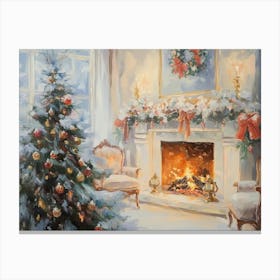 Christmas In The Living Room With Fireplace Canvas Print