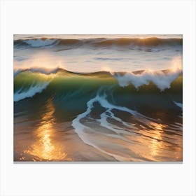 A Powerful Wave, Illuminated With Golden Light From The Setting Sun, Breaks On The Shore Canvas Print