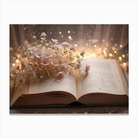 A Book With A Bouquet Of Pink Flowers On Top, Surrounded By Fairy Lights And A Soft, White Background Canvas Print