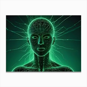 A Wireframe Rendering Of A Woman S Head With Glowing Green Lines Extending From It, Resembling A Neural Network Or A Digital Mind Canvas Print