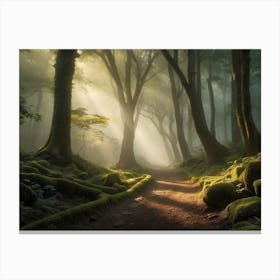 A Misty Morning Stroll in a Lush Forest Canvas Print