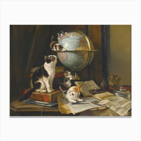 Vintage Painting Cats On A Globe Canvas Print