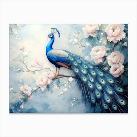 3d Artwork Background Blue Peacock on Branch 2 Canvas Print