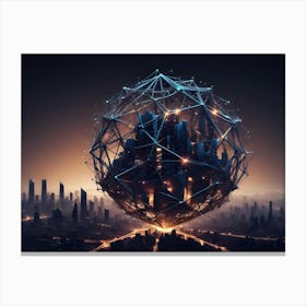 An Abstract Image Depicting A Futuristic Cityscape Enveloped Within A Glowing, Geometric Sphere Canvas Print