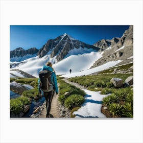 Woman trekking at snowy winter Alps, Rocky Mountains 11 Canvas Print