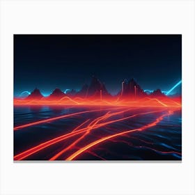 Abstract 3d Rendering Of A Futuristic, Dark Landscape With Glowing Red And Blue Lines Across A Water Surface, Creating A Dynamic And Otherworldly Scene Canvas Print