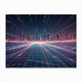 A Stylized, Futuristic Cityscape Rendered In A Blue And Pink Hue With Glowing Lines Connecting Buildings And Forming A Web Like Network Canvas Print