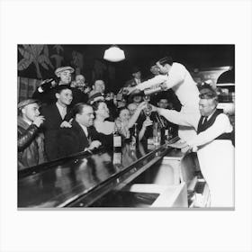 End of Prohibition, Bartenders Serving Drinks, Bar Cart Decor, Vintage Black and White Old Photo Canvas Print