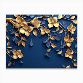 Gold Flowers On Blue Background Canvas Print