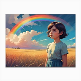 Young Girl With Brown Hair And Blue Eyes Standing In A Field Of Wheat With A Rainbow In The Sky Canvas Print