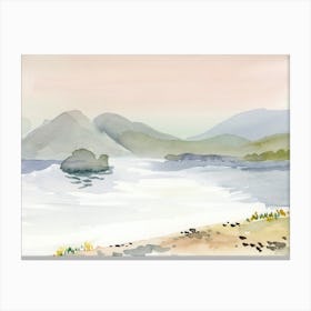 Sunrise At Lake Watercolor painting landscape bedroom living room hand painted beige grey nature mountains lake Canvas Print