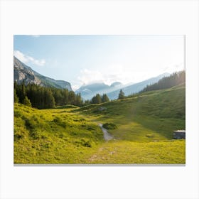 Fields of Switzerland during golden hour, hiking in swiss Canvas Print