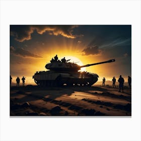 Silhouette Of A Tank And Soldiers Against A Bright Setting Sun In A Desert Environment Canvas Print