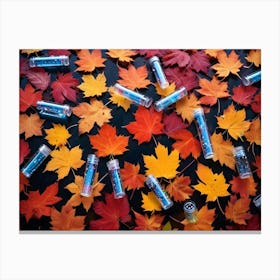 Autumn Composition With Vibrant Red, Orange, And Yellow Maple Leaves Arranged On A Dark Background, Adorned With Scattered Glitter In Small Vials Canvas Print