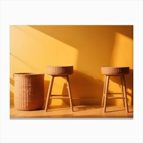 Two Wicker Baskets And A Wicker Stool Stand Against A Yellow Wall Canvas Print