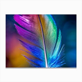 Vibrant Macro Photography Of A Single Bird Feather Exhibiting A Dazzling Blend Of Blue Yellow Red Canvas Print