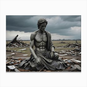 A Photograph Of A Weathered Statue Of A Man Sitting Amidst Rubble In A Post Apocalyptic Landscape Canvas Print