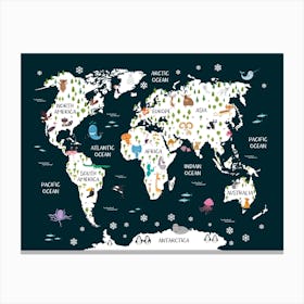 Kids Animal World Map In Navy Canvas Print