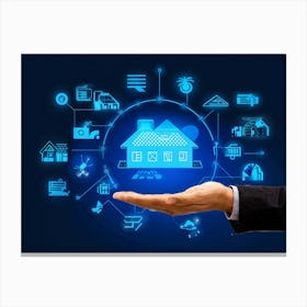 Artificial Intelligence Concept Visualized As A Hand Holding A Glowing Blue Diagram Of A Smart Home (3) Canvas Print