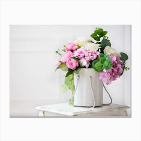 White Vase With Pink And White Flowers Canvas Print