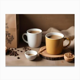 Two Cups Of Coffee, One Yellow And One White, On A Wooden Table Canvas Print