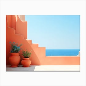 Mediterranean Terracotta Wall With A Sea View Summer Photography Canvas Print