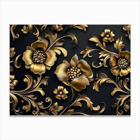 Golden Luxury Floral Damask with Flowers Golden and Black Elegant Leather Canvas Print