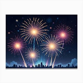 An Illustration Of Multiple Fireworks Exploding Over A City Skyline In The Night Sky Canvas Print