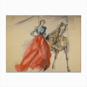 Woman And Horse Antique Sketch Canvas Print