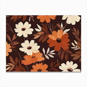 Seamless Floral Pattern Featuring Orange And White Cosmos Flowers With Dark Green Leaves On A Brown Background Canvas Print