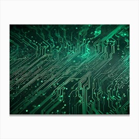 Abstract Close Up Of A Circuit Board With Intricate Patterns And Glowing Green Lines Canvas Print