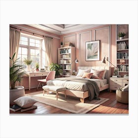 Bedroom Interior With Pink Walls And A Large Window Canvas Print