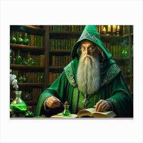 Green old wizard, conjuring, experimenting, alchemy, doing magic 1 Canvas Print