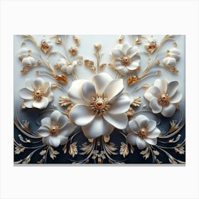 Majestic 3d Artwork Design, White and Blue Tones, Golden Jewelry, Floral Motifs, Black Canvas Print