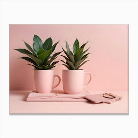 Photo Of Two Plants In Pink Mugs, A Gold Ring, And A Pink Pouch On A Pink Surface Canvas Print