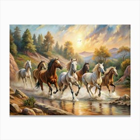 Horses Running In The Stream Canvas Print