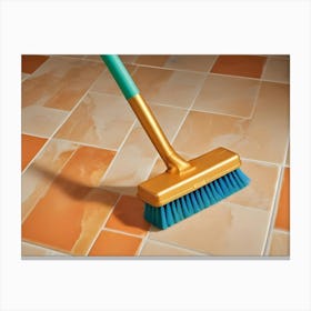 A Close Up Shot Of A Broom On A Tiled Floor, With A Focus On The Golden Handle And Blue Bristles Canvas Print