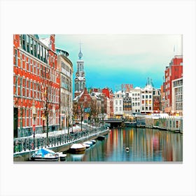 Canals Of Amsterdam Under Snow At Christmas Canvas Print