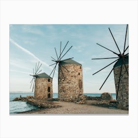 Windmills At Sea In Greece Canvas Print