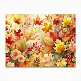 Watercolor Autumn Leaves Background With Flowers Canvas Print