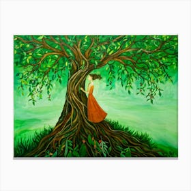 Painting Of A Fantastical Woman Entwined Within The Sprawling Branches Of An Ancient Enchanted Tree 1 Canvas Print