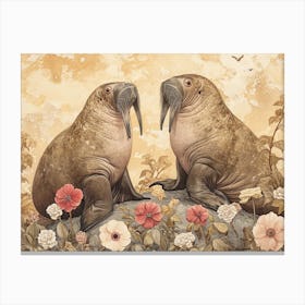 Floral Animal Illustration Walrus 1 Canvas Print